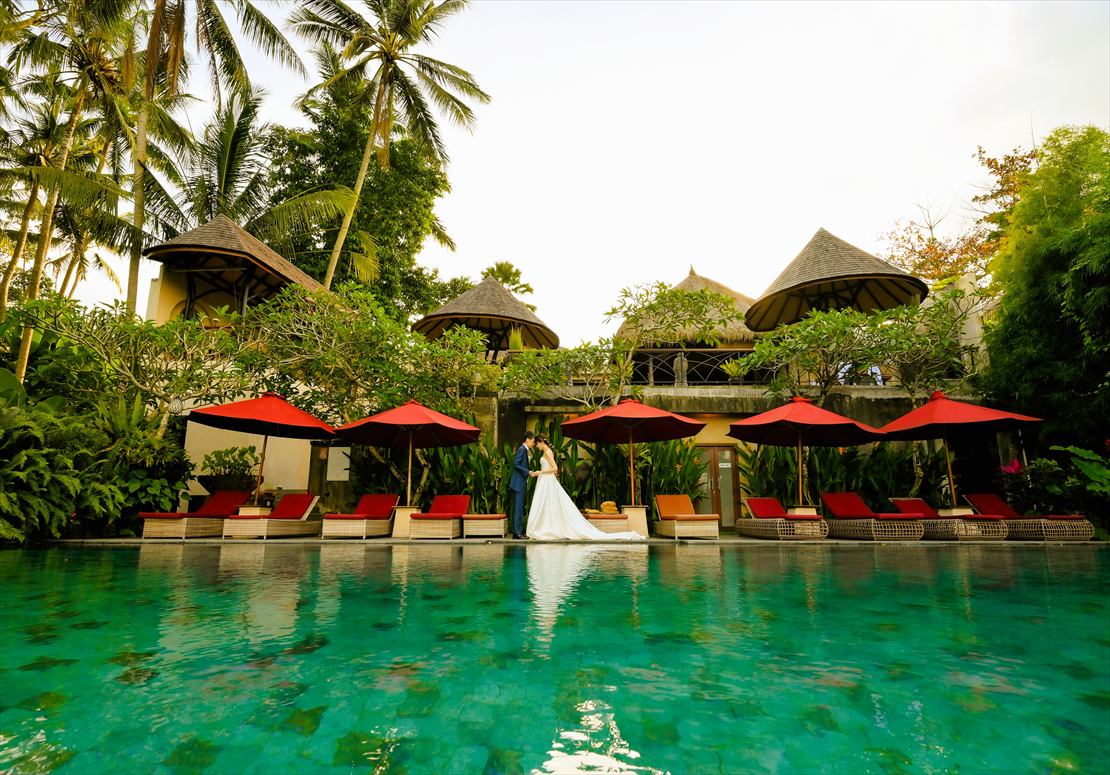 緑深い樹々に囲まれたインフィニティ・プール