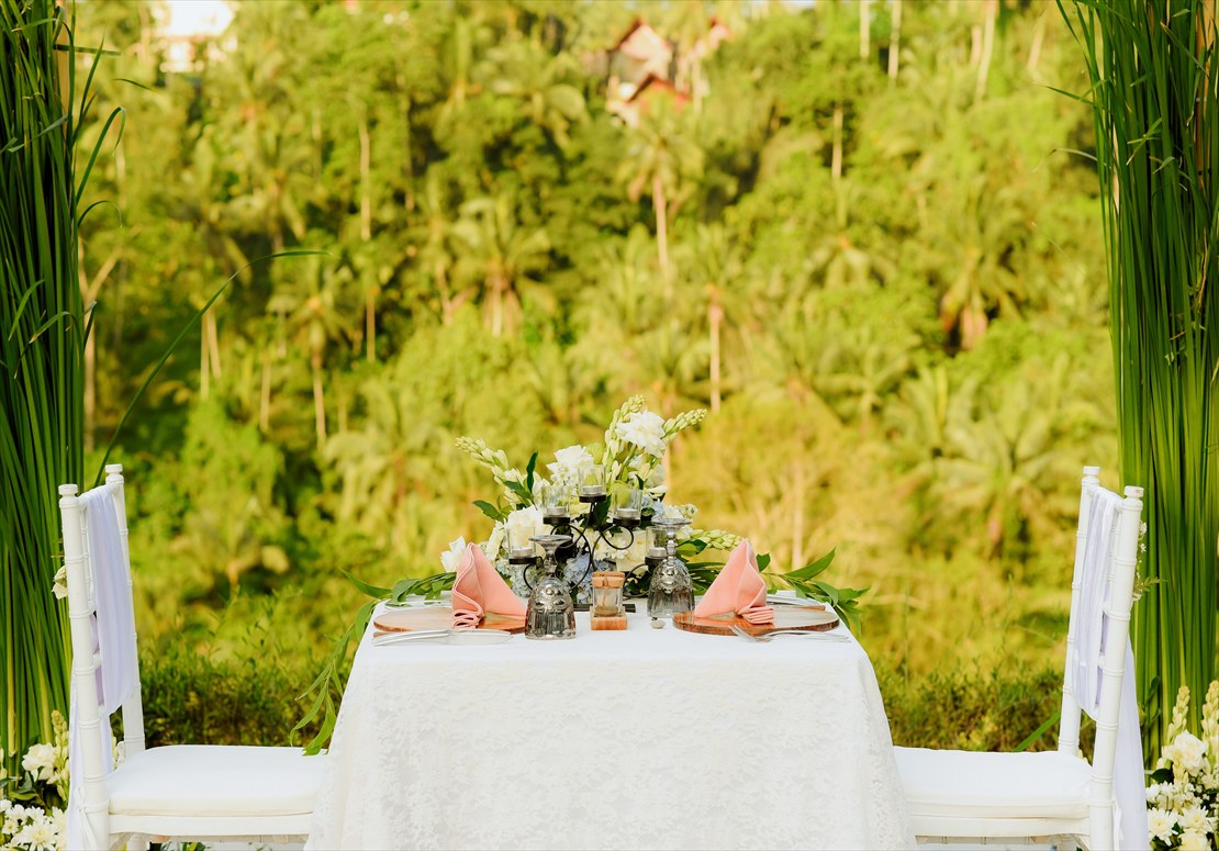 夕日に色づくジャングルの景観を一望する