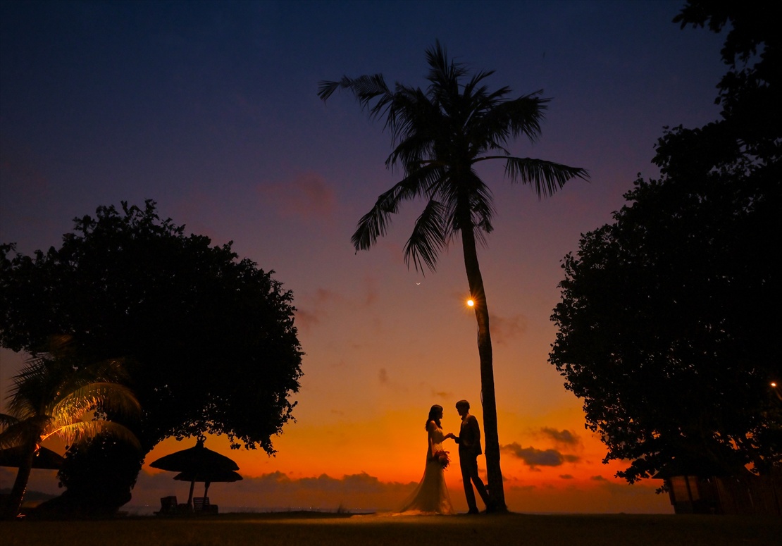 バリ結婚式　椰子の木と夕暮れ時の撮影