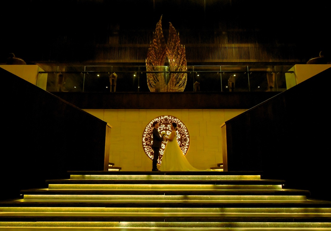 ロビー下階段にてライトアップ撮影